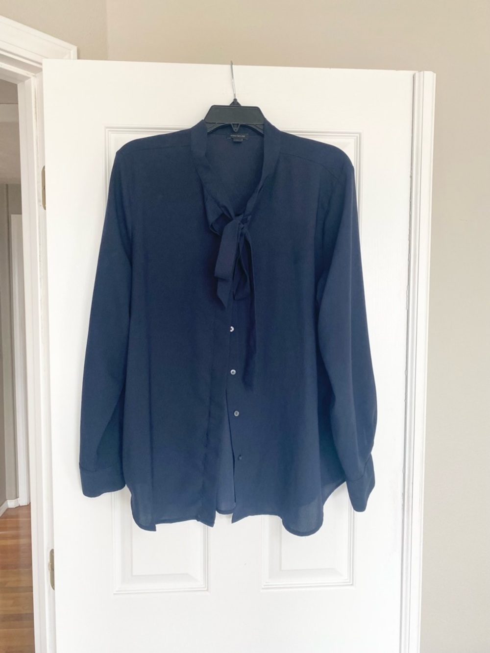 Ann Taylor Navy Tie-Neck Long Sleeve Blouse